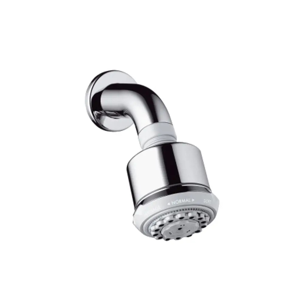 Hansgrohe Kopfbrause mit einem schwenkbaren Auslauf und Wähltasten für verschiedene Strahlarten, montiert an einem Wandhalter. Oberfläche in Chrom.